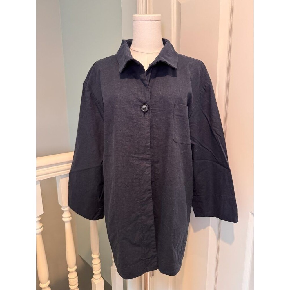 Preston & York Womens S Navy Linen Blend Oversized Jacket Shirt One Button